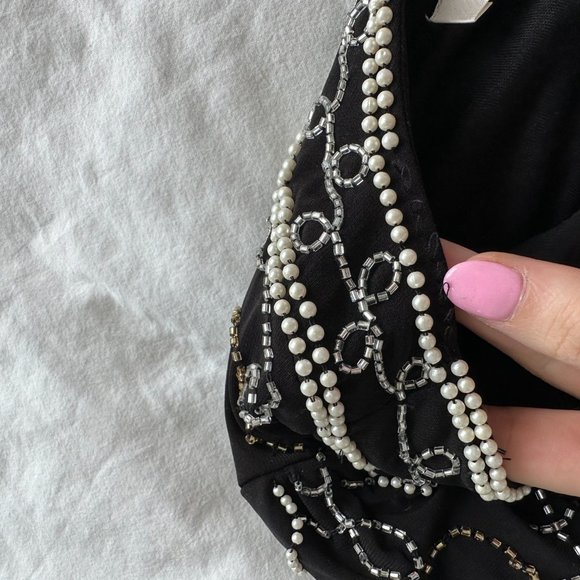 LoveShackFancy Norima Crop Cardigan Sz L Black Beaded Heart V-neck Cuff Sleeves - Picture 9 of 11